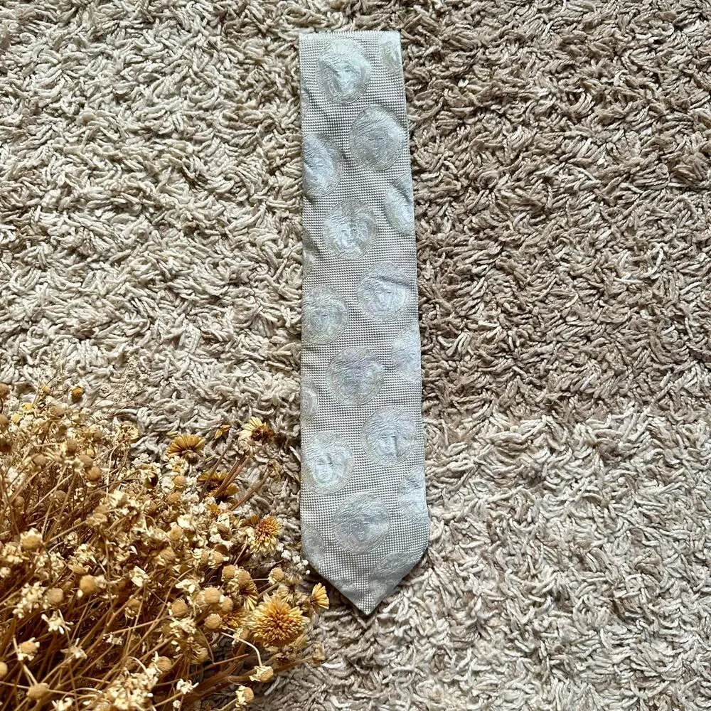 Vintage Gianni Versace Gray Monogrammed Medusa Silk Tie Monogram Made in Italy